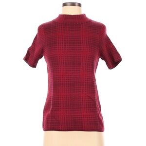 Elegant Red/Maroon Plaid Mock Neck Women's Short Sleeve Top